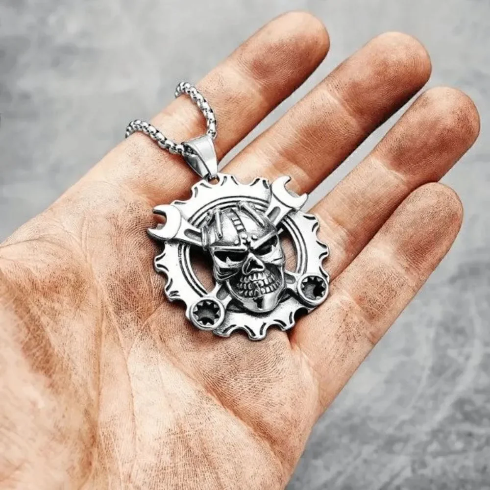 Skull Head on Wrench and Gear Stainless Steel Pendant Necklace